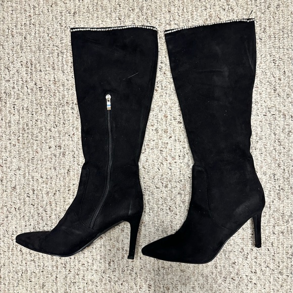 Brea Stiletto Heel Mid Calf Boots, Rhinestone Embellishments, Black, Size 8 - Picture 2 of 11